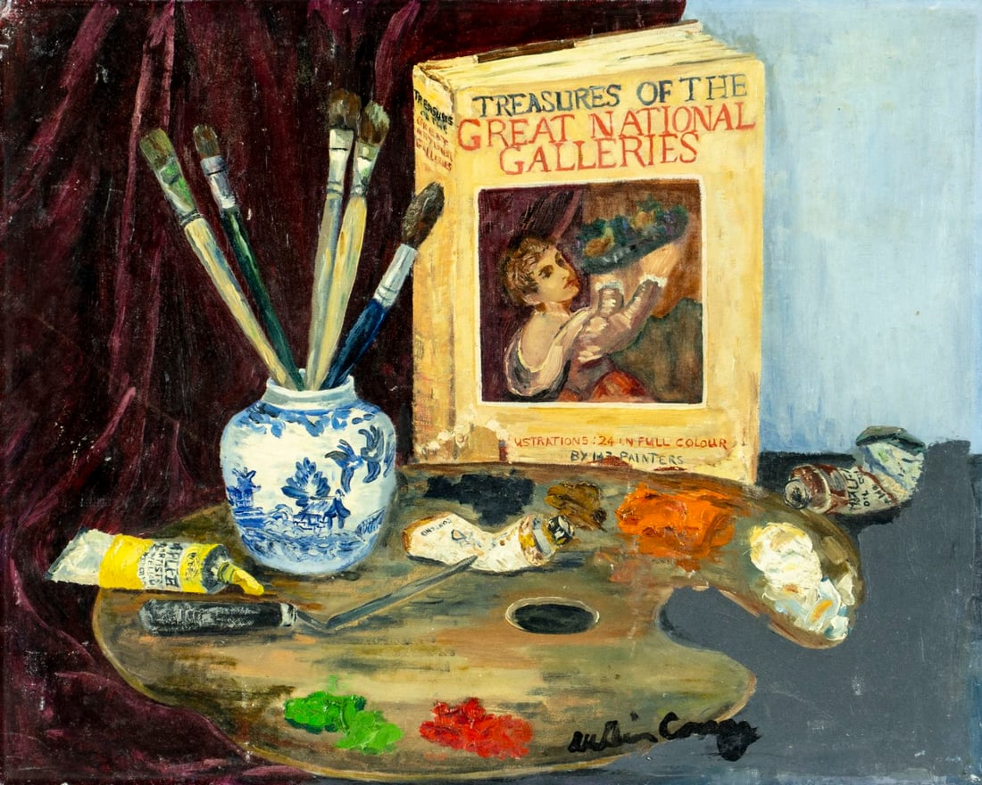 Vintage mid 20C American oil painting signed: ARTIST: - (American, mid 20 century) TITLE: Still Life with Brushes, Paints and Pallet MEDIUM: oil on canvas board CONDITION: Some small damage to the upper left coner. So