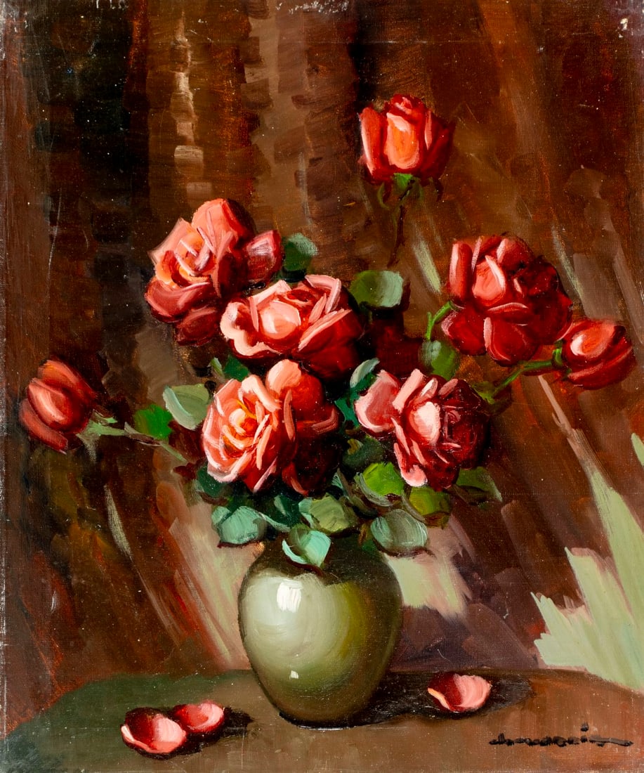Vintage 20C European oil painting signed: ARTIST: - (European, 20 century) TITLE: Still Life with Vase of Roses MEDIUM: oil on canvas CONDITION: Some small scratches/paint losses mostly along edges. No visible inp