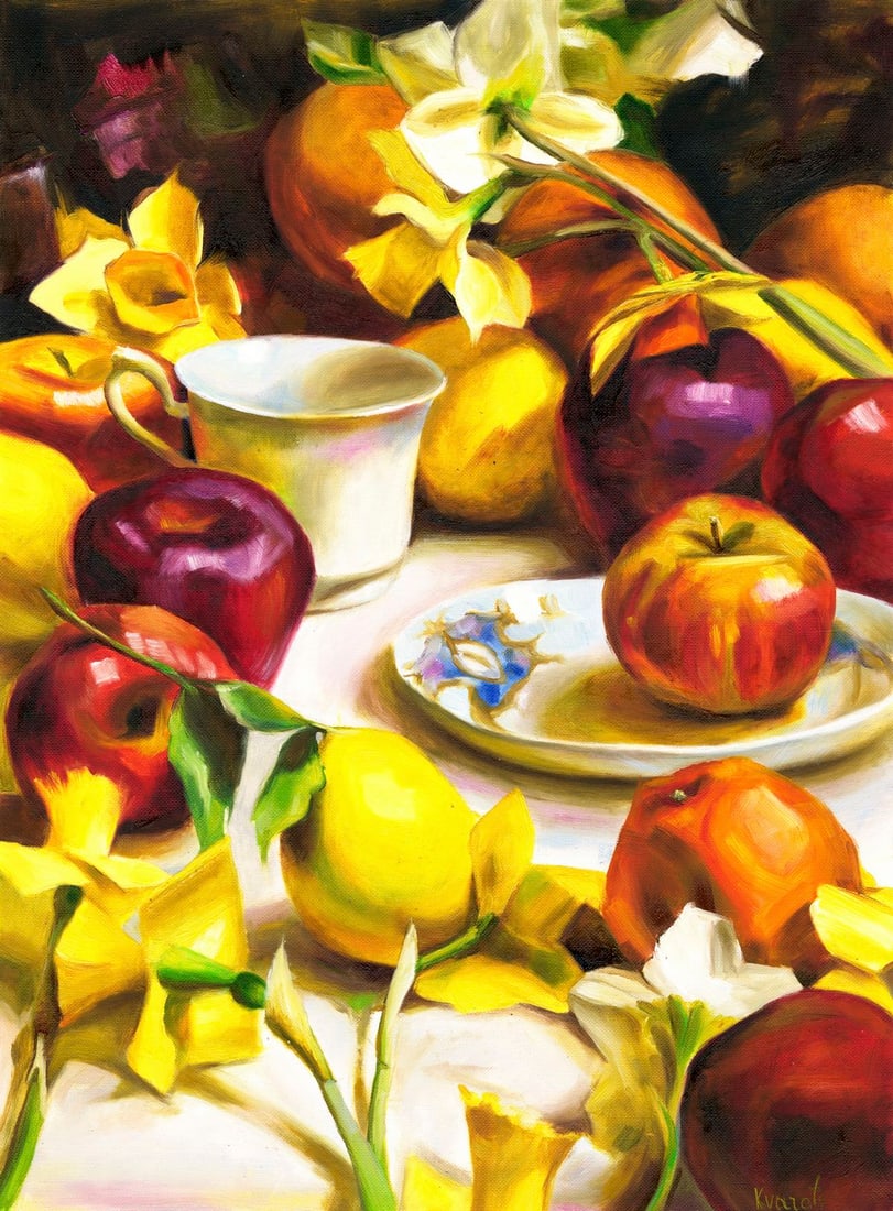 Alina Kvaratshelia (Ukraine,20/21C) oil painting: ARTIST: Alina Kvaratshelia (Ukrainian, 20/21 centuries) TITLE: Still Life with Apples MEDIUM: oil on heavy paper CONDITION: Very good. No visible inpaint under UV light.