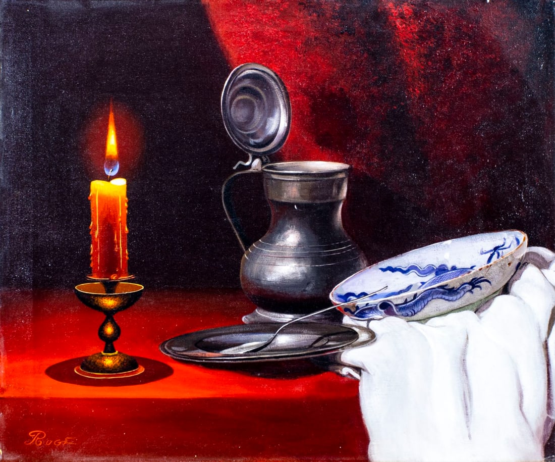 Ruge (US,20C) oil painting: ARTIST: Ruge (American, 20 century) TITLE: Still Life MEDIUM: oil on canvas CONDITION: Very good. No visible inpaint under UV light. ART SIZE: 20 x 24 in