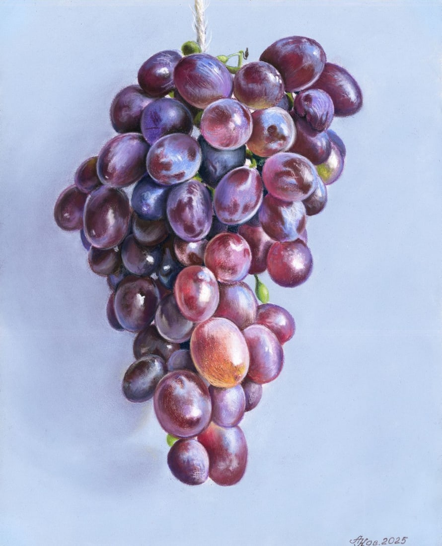 Olena Kovalenko (Ukraine,20/21C) pastel painting: ARTIST: Olena Kovalenko (Ukrainian, 20/21 centuries) TITLE: Still Life with Grapes MEDIUM: pastel on heavy paper CONDITION: Very good. ART SIZE: 12 x 10