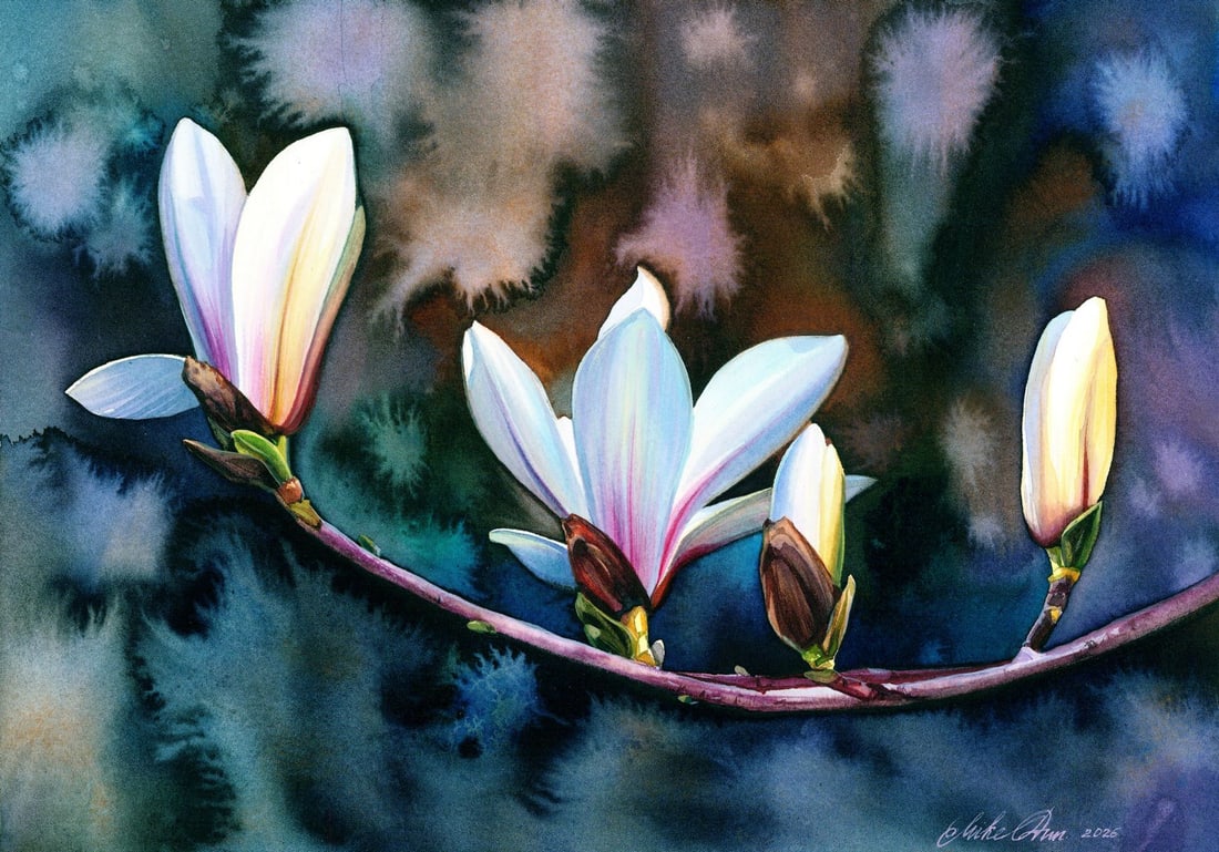 Mikhaylo Dmytriv (Ukraine,b 1997) watercolor painting: ARTIST: Mikhaylo Dmytriv (Ukraine, born 1997) TITLE: Still Life with Magnolia Blossoms MEDIUM: watercolor on heavy paper CONDITION: Very good. ART SIZE: