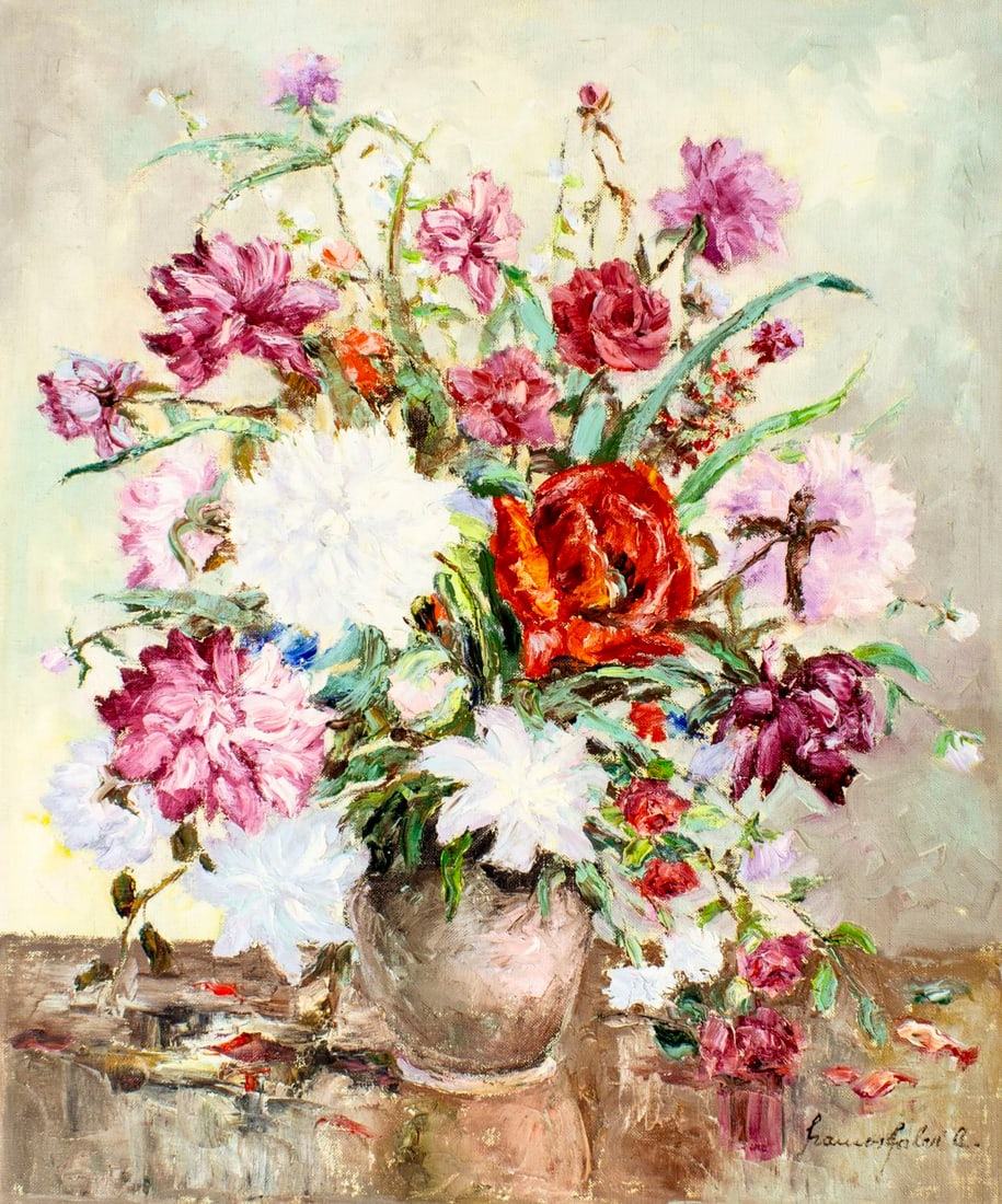 Szamos Falvi (Europe,20C) oil painting: ARTIST: Szamos Falvi (European, 20 century) TITLE: Still Life with Vase of Flowers MEDIUM: oil on canvas CONDITION: Unstretched (In-House stretching available) (In-House str