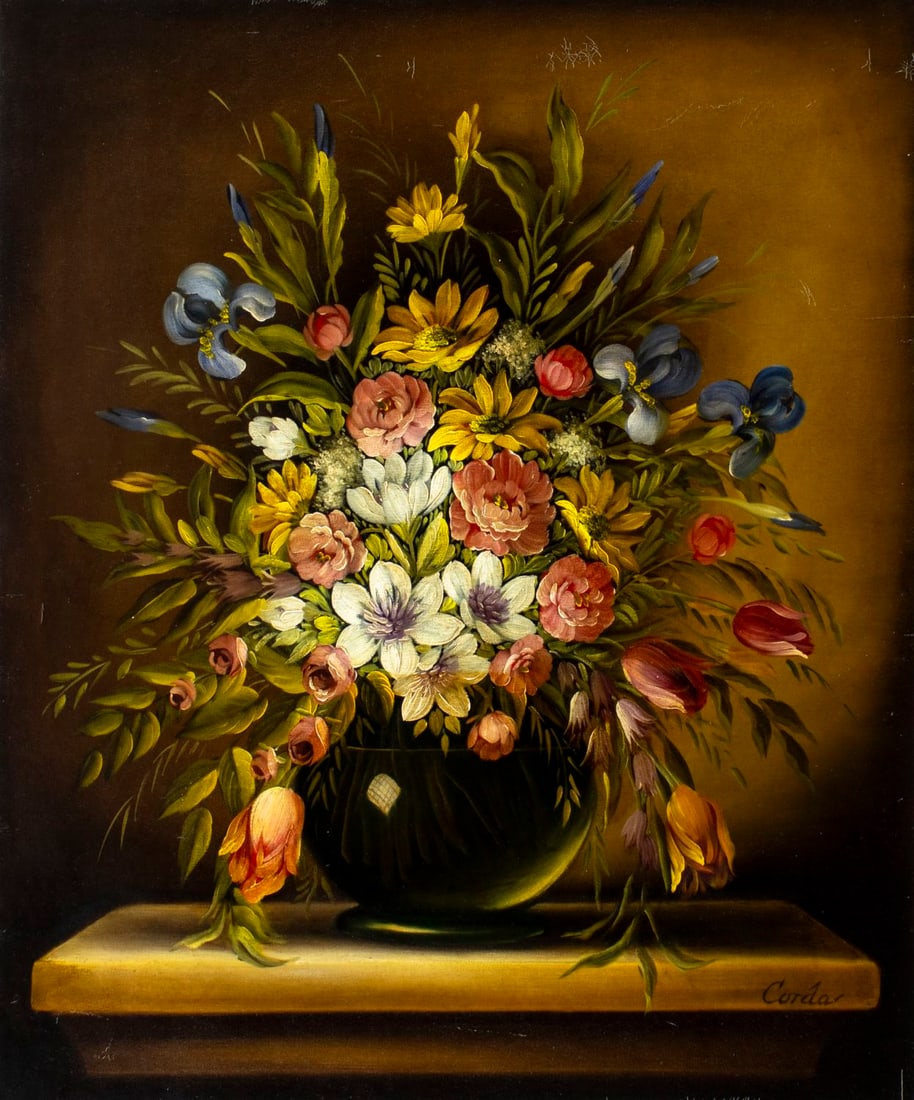 F Corda (German,1927-?) oil painting: ARTIST: F Corda (Germany, 1927 - ???) TITLE: Still Life with Vase of Flowers MEDIUM: oil on canvas CONDITION: Unstretched (In-House stretching available) (In-House stretch