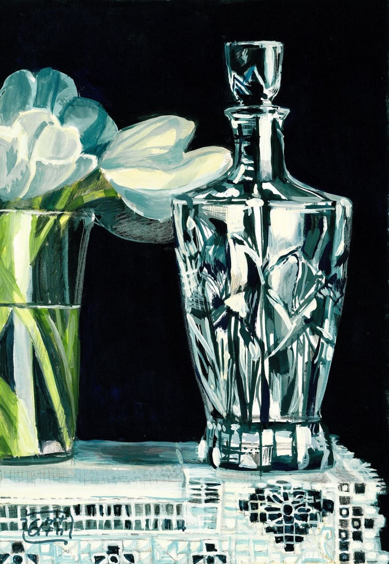 Halyna Yeromenko Afana (Ukraine,20/21C) mixed media painting: ARTIST: Halyna Yeromenko Afana (Ukrainian, 20/21 centuries) TITLE: Still Life with Flowers and Decanter MEDIUM: mixed media on heavy paper CONDITION: Very good. A