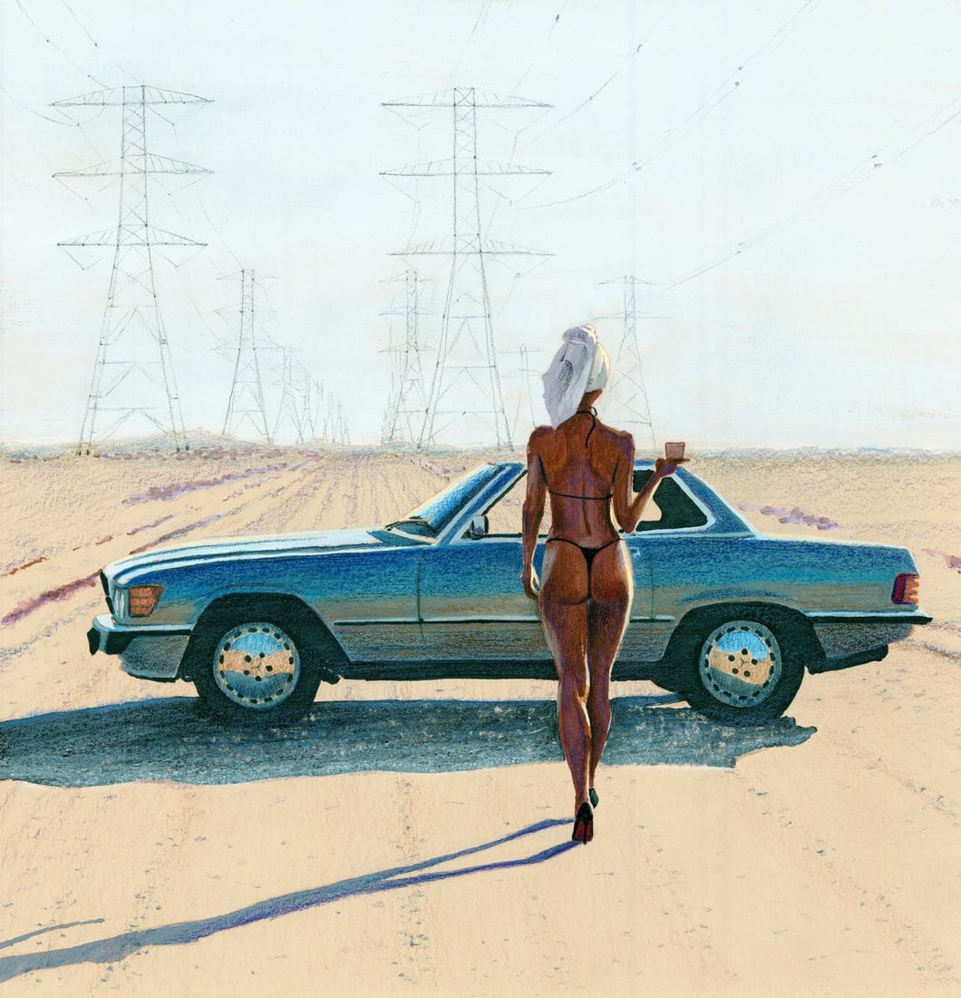 Aleksandr Matushkin (Ukraine,20/21C) mixed media painting: ARTIST: Aleksandr Matushkin (Ukraine, 20/21 centuries) TITLE: Woman with Convertible Car MEDIUM: mixed media on heavy paper CONDITION: Very good. ART SIZE: