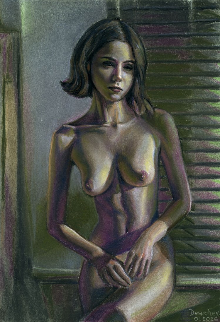 Oleksandr Demichev (Ukraine,20/21C) pastel painting: ARTIST: Oleksandr Demichev (Ukraine, 20/21 centuries) TITLE: Nude MEDIUM: pastel on heavy paper CONDITION: Very good. ART SIZE: 17 x 12 inches / 43 x 30