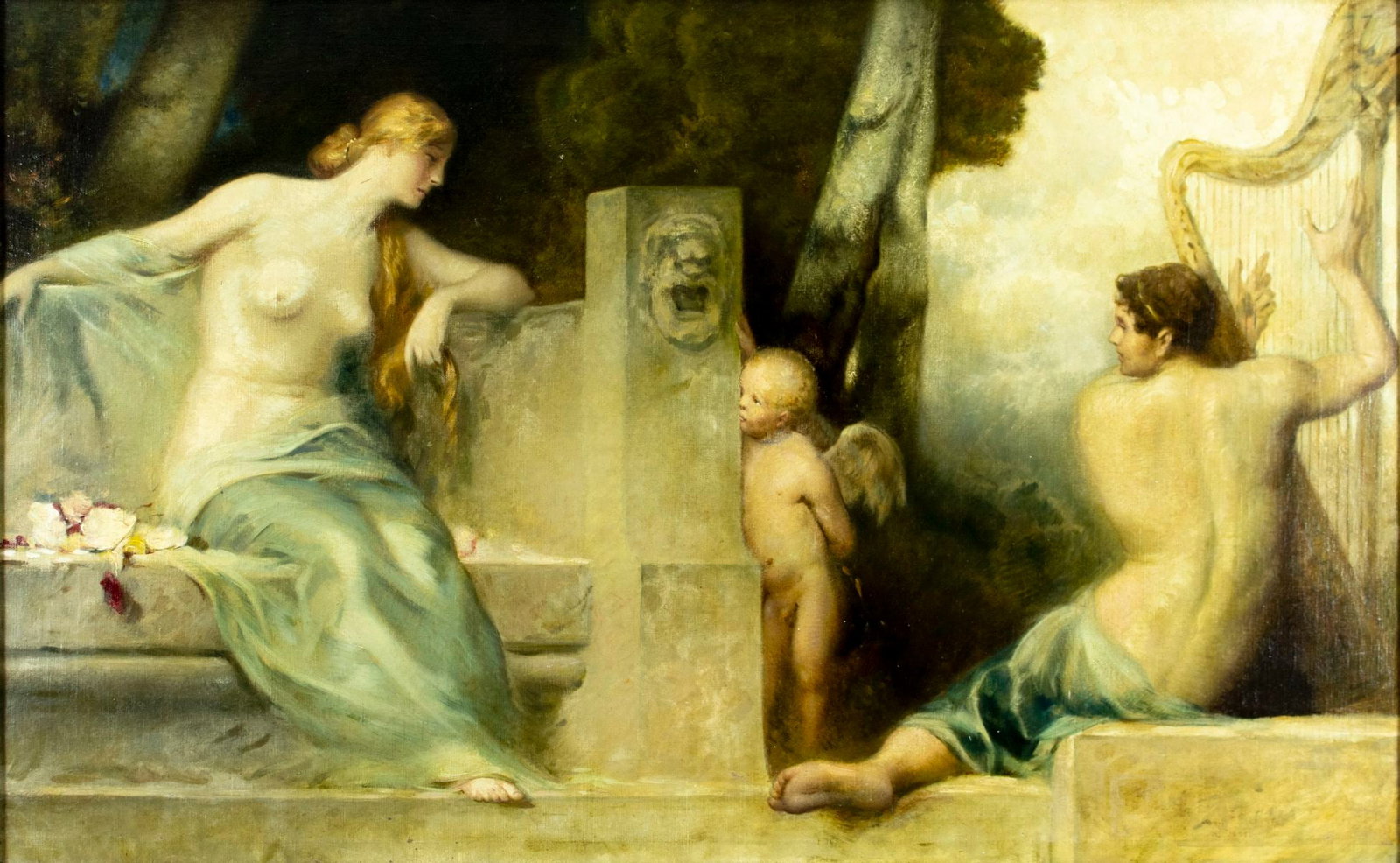 Antique 19C European oil painting signed: ARTIST: - (Europe, 19 century) TITLE: Nudes with Cupid and Harp MEDIUM: oil on canvas CONDITION: One repaired puncture. Some paint losses. Minor craquelure. Some scattered i
