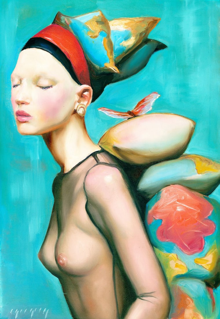 Igor Grey (Ukraine,b 1975) oil painting: ARTIST: Igor Grey (Ukrainian, born 1975) TITLE: Nude - Burden by Dreams (titled on verso) MEDIUM: oil on canvas CONDITION: Unstretched (In-House stretching available). Very