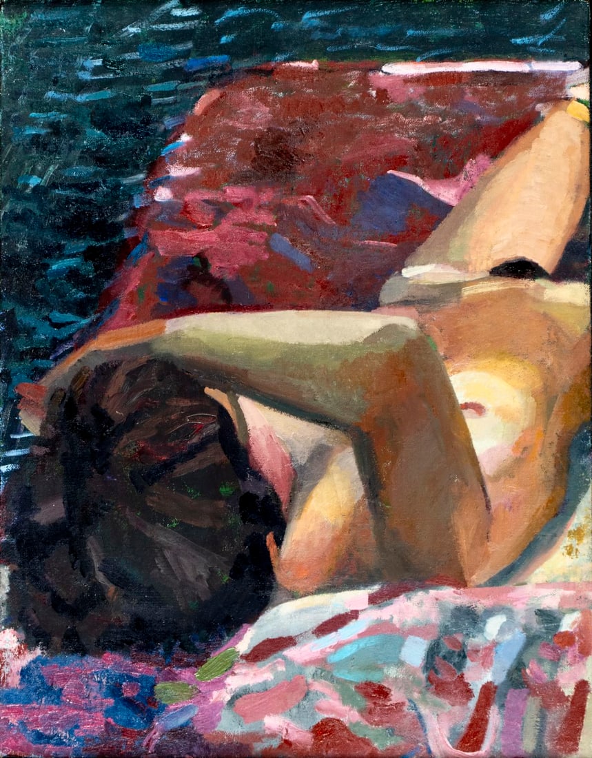 ATTR Carole Robb (NY,UK,1943-?) oil painting: ARTIST: ATTRIBUTED TO Carole Robb (New York, United Kingdom, 1943 - ???) TITLE: Reclining Nude MEDIUM: oil on canvas CONDITION: Few faint scratches mostly along edges. No