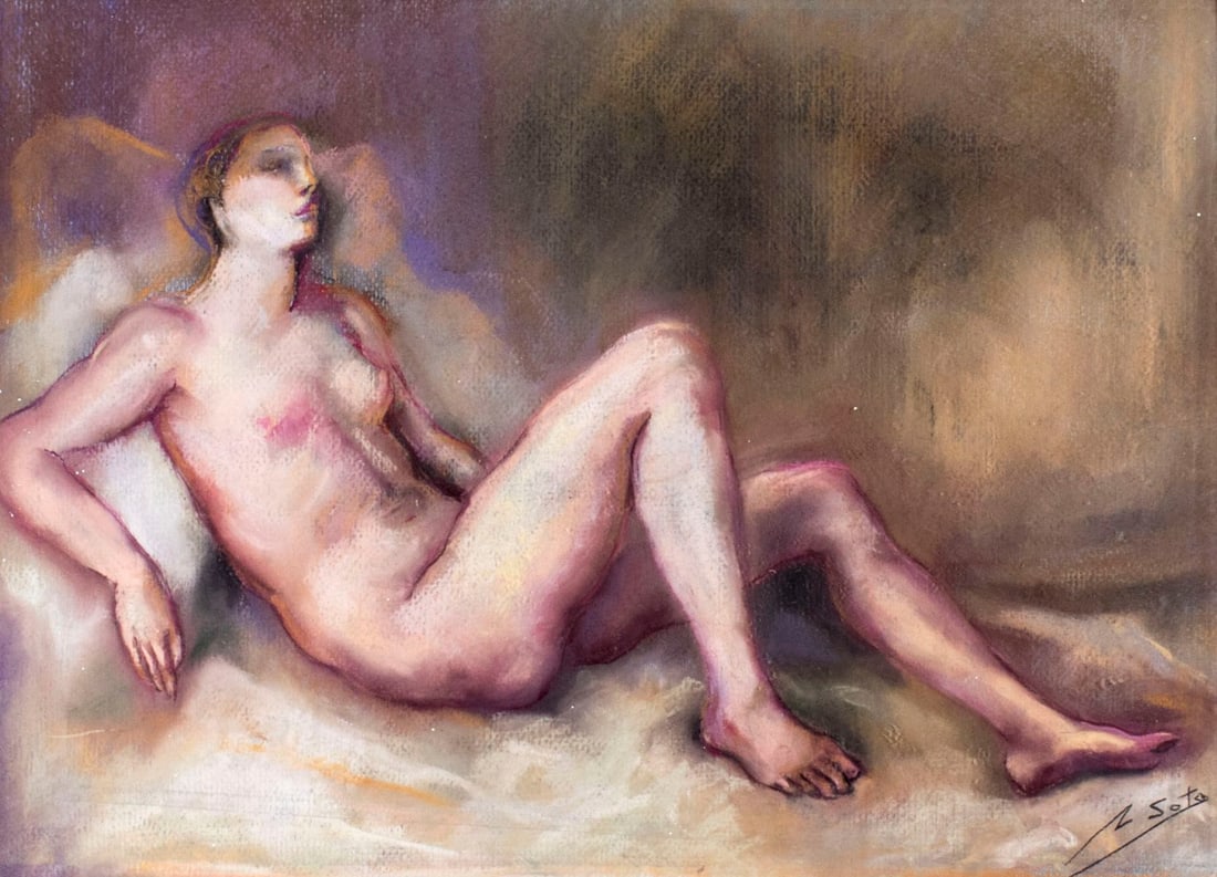 Z Soto (US,mid 20C) pastel painting: ARTIST: Z Soto (American, mid 20 century) NAME: Reclining Nude MEDIUM: pastel on paper CONDITION: Very good. Framed under glass. SIGHT SIZE: 13 x 18 inches / 33 x 45 cm FRAME S