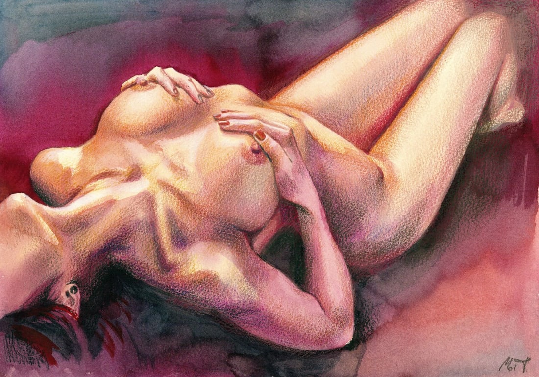 Tatiana Moiseenko (Ukraine,b 1997) watercolor painting: ARTIST: Tatiana Moiseenko (Ukraine, born 1997) TITLE: Reclining Nude MEDIUM: watercolor on heavy paper CONDITION: Very good. ART SIZE: 9 x 13 inches / 23