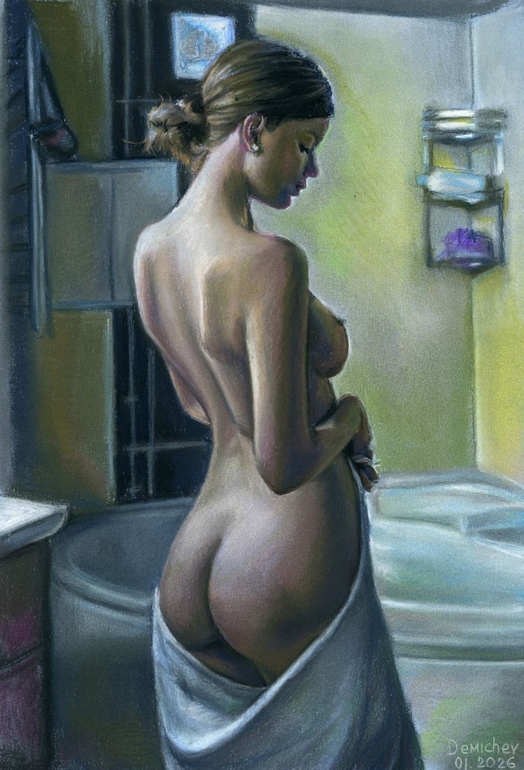 Oleksandr Demichev (Ukraine,20/21C) pastel painting: ARTIST: Oleksandr Demichev (Ukraine, 20/21 centuries) TITLE: Nude in Bathroom MEDIUM: pastel on heavy paper CONDITION: Very good. ART SIZE: 17 x 12 inche