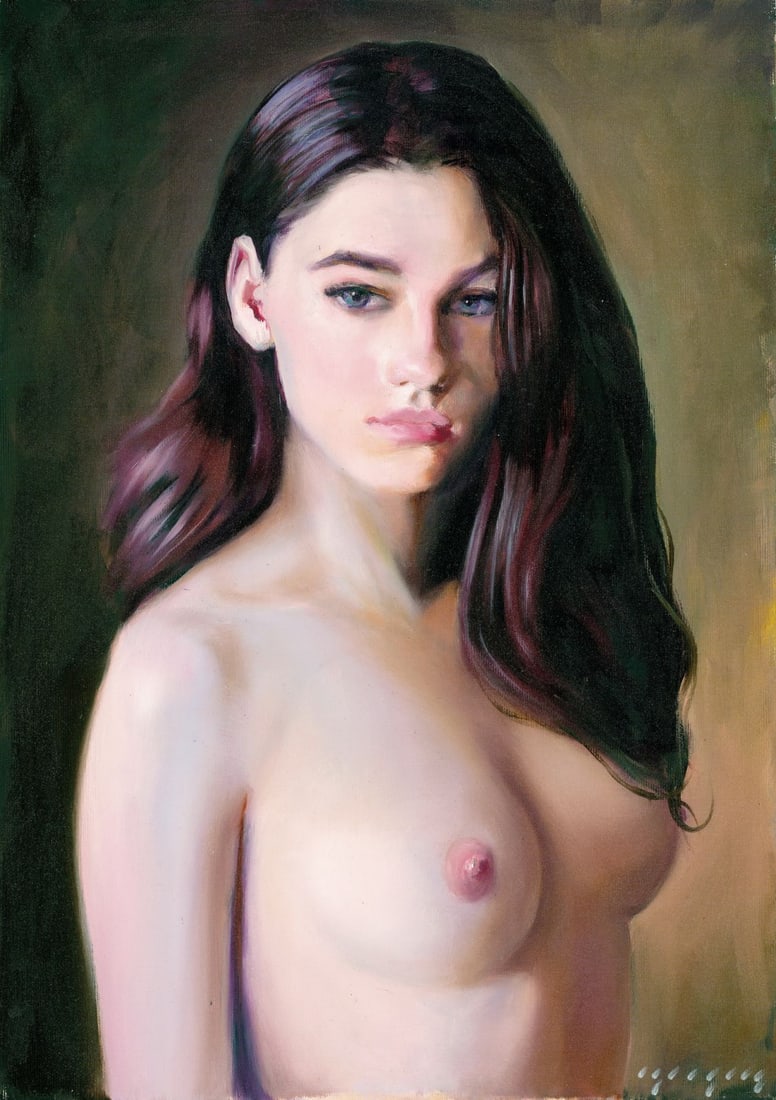 Igor Grey (Ukraine,b 1975) oil painting: ARTIST: Igor Grey (Ukrainian, born 1975) TITLE: Nude - Unsaid (titled on verso) MEDIUM: oil on canvas CONDITION: Unstretched (In-House stretching available). Few minor paint