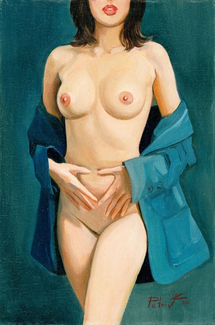 Zoriana Petriv (Ukraine,b 1994) oil painting: ARTIST: Zoriana Petriv (Ukrainian, born 1994) TITLE: Nude in a Blue Jacket (titled on verso) MEDIUM: oil on canvas CONDITION: Unstretched (In-House stretching available). Ve