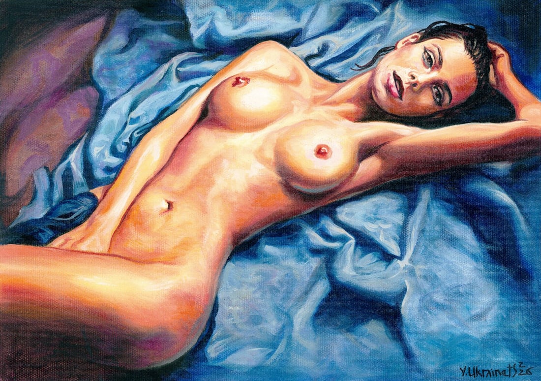 Valentin Ukrainets (Ukraine,b 1965) oil painting: ARTIST: Valentin Ukrainets (Ukrainian, born 1965) TITLE: Nude - Beauty on Blue (titled on verso) MEDIUM: oil on canvas CONDITION: Unstretched (In-House stretching available)