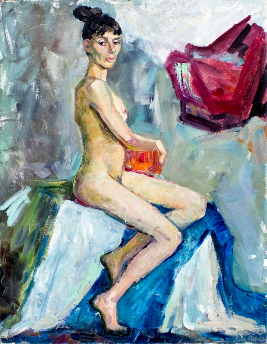 Vintage 20C American oil painting signed: ARTIST: - (American, 20 centuty) TITLE: Seated Nude MEDIUM: oil on canvas CONDITION: Few minor paint losses. No visible inpaint under UV light. ART SIZE: