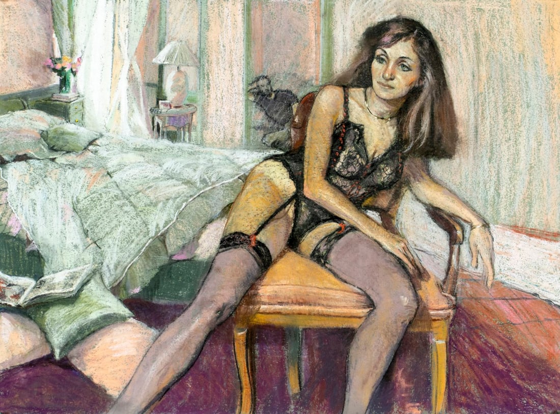 Rhoda Yanow (NJ,20C) pastel painting: ARTIST: Rhoda Yanow (New Jersey, 20 century) TITLE: Woman in Lingerie MEDIUM: pastel on heavy paper CONDITION: One pinhole by the upper right corner. Some scratches. Normal