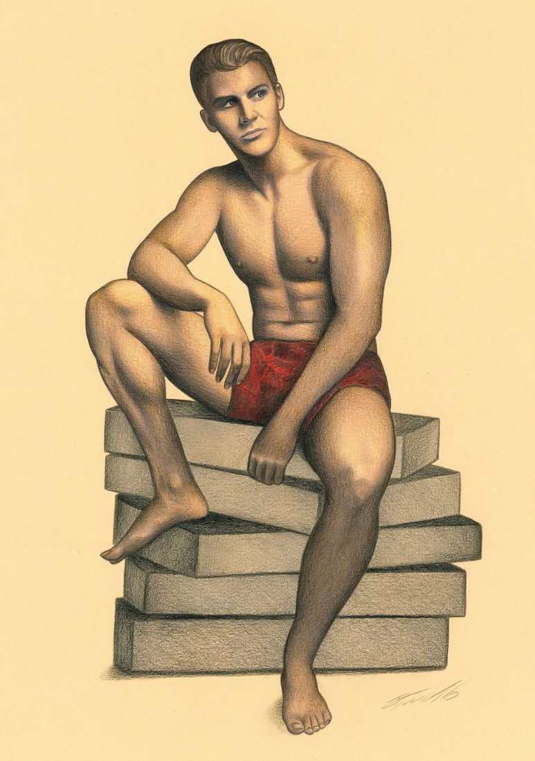 Rene Prudlo (German,b 1974) colored pencil painting: ARTIST: Rene Prudlo (Germany, born 1974) TITLE: Seated Male Nude MEDIUM: colored pencil on heavy paper CONDITION: Very good. ART SIZE: 12 x 8 inches / 30