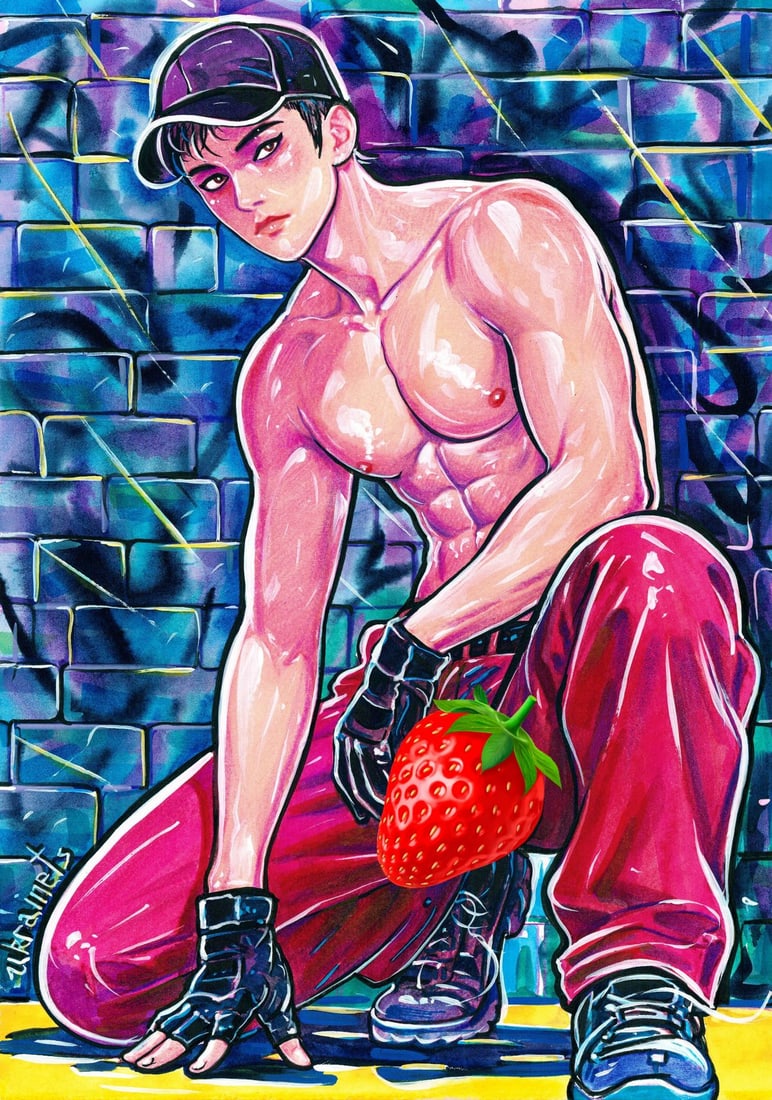 Alex Ukrainets (Ukraine,b 2001) mixed media painting: ARTIST: Alex Ukrainets (Ukrainian, born 2001) TITLE: Male Nude - Commanding Silence (titled on verso) MEDIUM: mixed media on heavy paper CONDITION: Very good. ART