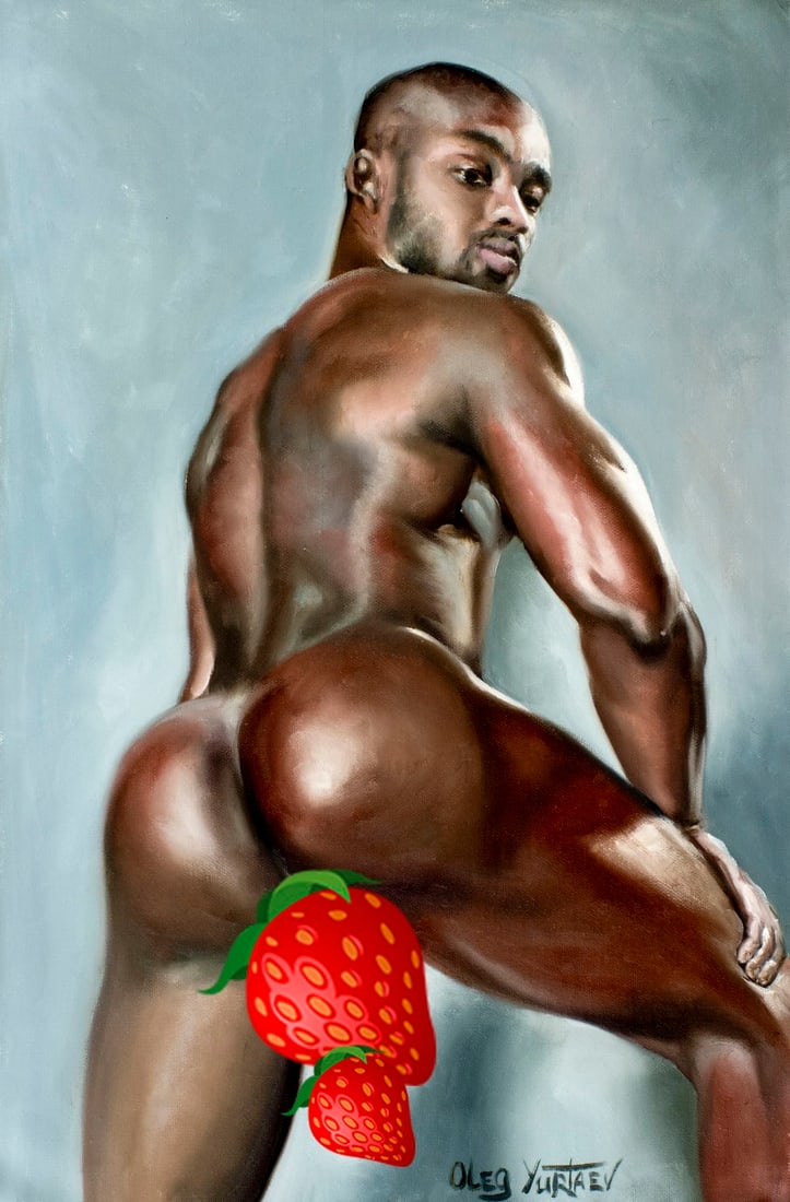 Oleg Yurtaev (Russia,b 1981) oil painting: ARTIST: Oleg Yurtaev (Russian, born 1981) TITLE: Male Nude - Chocolate Bunny (titled on verso) MEDIUM: oil on canvas CONDITION: Unstretched (In-House stretching available).