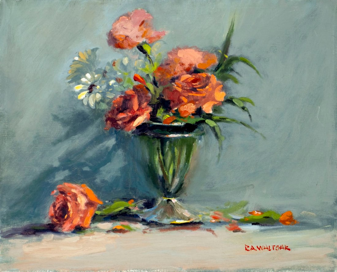 Robert Waltsak (NJ,b 1944) oil painting: ARTIST: Robert Alan Waltsak (New Jersey, born 1944) TITLE: Still Life with Vase of Flowers MEDIUM: oil on canvas CONDITION: Overall good. No visible inpaint under UV light.