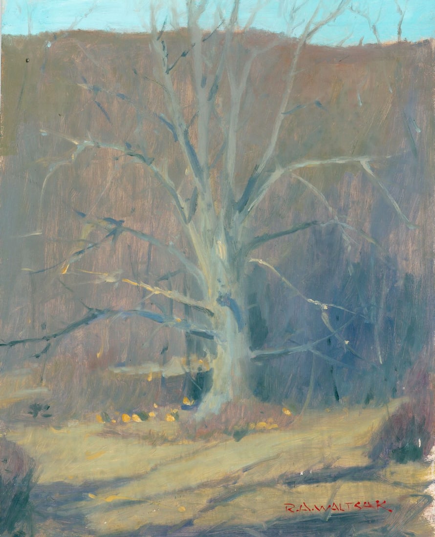 Robert Waltsak (NJ,b 1944) oil painting: ARTIST: Robert Alan Waltsak (New Jersey, born 1944) TITLE: Autumn Landscape with Tree MEDIUM: oil on board CONDITION: Few minor scratches/paint losses. No visible inpaint un