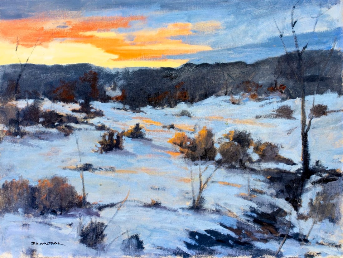 Robert Waltsak (NJ,b 1944) oil painting: ARTIST: Robert Alan Waltsak (New Jersey, born 1944) TITLE: Winter Sunset Landscape MEDIUM: oil on canvas CONDITION: Very good. No visible inpaint under UV light.