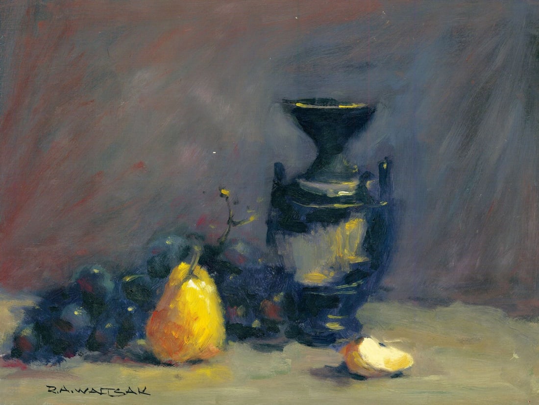 Robert Waltsak (NJ,b 1944) oil painting: ARTIST: Robert Alan Waltsak (New Jersey, born 1944) TITLE: Still Life with Vase, Grapes and Pear MEDIUM: oil on board CONDITION: Few minor scratches/paint losses. No visible