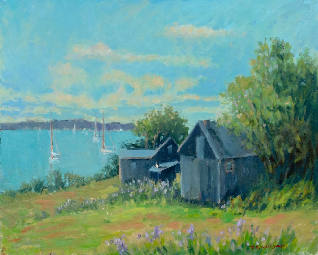 Robert Waltsak (NJ,b 1944) oil painting: ARTIST: Robert Alan Waltsak (New Jersey, born 1944) TITLE: Coastal Landscape with Houses and Sailboats MEDIUM: oil on canvas. Canvas applied to board. CONDITION: Very good.
