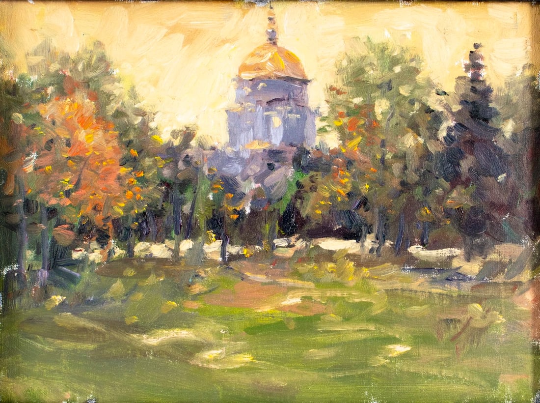Robert Waltsak (NJ,b 1944) oil painting: ARTIST: Robert Alan Waltsak (New Jersey, born 1944) TITLE: Autumn Landscape with Catherdral YEAR: 2021 MEDIUM: oil on canvas board CONDITION: Few minor p