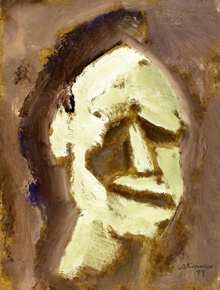 Sterling Strauser (PA,1907-1995) oil painting: ARTIST: Sterling Boyd Strauser (Pennsylvania, 1907 - 1995) TITLE: Portrait of Man YEAR: 1994 MEDIUM: oil on board CONDITION: Some small scratches by the