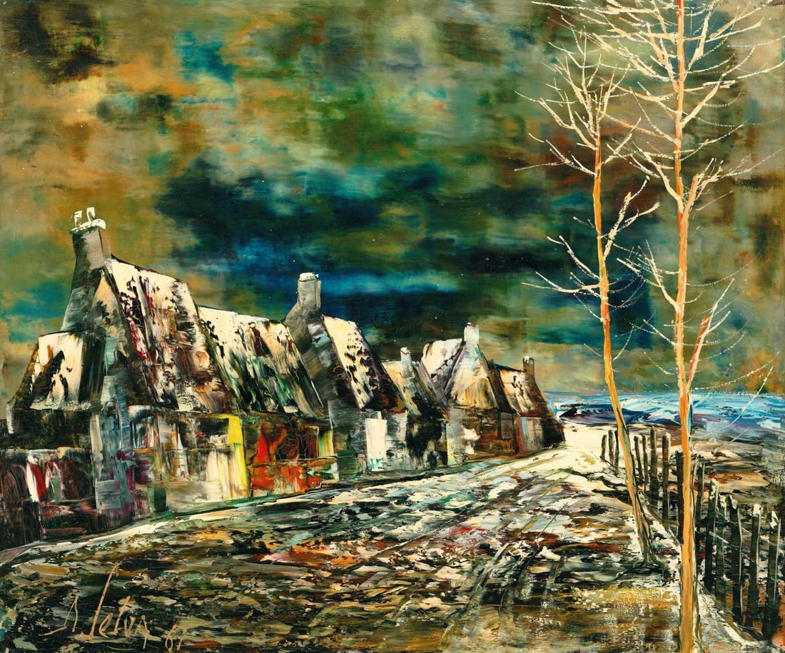 Marc Selva (US,Canada,20C) oil painting: ARTIST: Marc Selva (American, Canadian, 20 century) TITLE: Town Scene YEAR: 1961 MEDIUM: oil on canvas CONDITION: Unstretched (In-House stretching availa