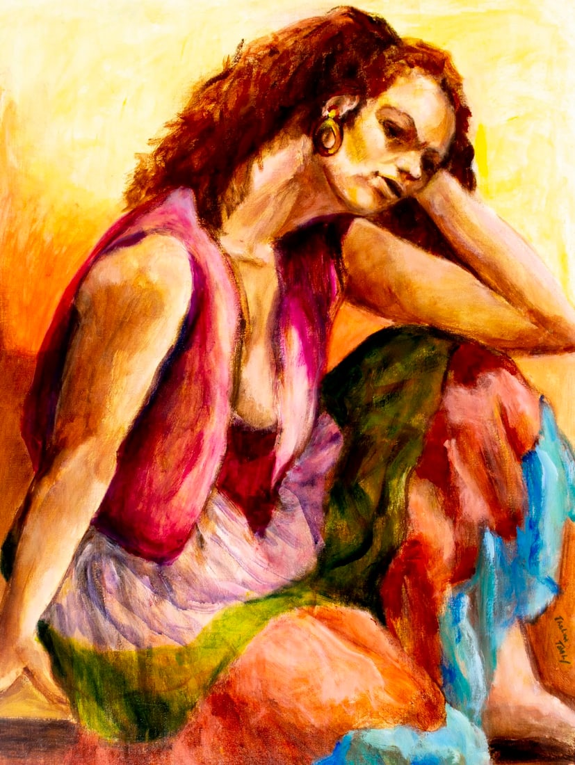 Thelma Thal (NY,1903-2001) oil painting: ARTIST: Thelma Thal (New York, 1903 - 2001) TITLE: Woman in Colorful Skirt MEDIUM: oil on canvas CONDITION: Few minor scratches/paint losses. No visible inpaint under UV lig