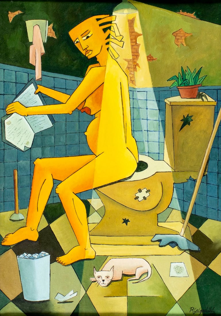R Calzadilla (South America,20/21C) oil painting: ARTIST: R Calzadilla (South American , 20/21 centuries) TITLE: Woman in Bathroom YEAR: 2003 MEDIUM: oil on canvas CONDITION: Few minor scratches/paint lo