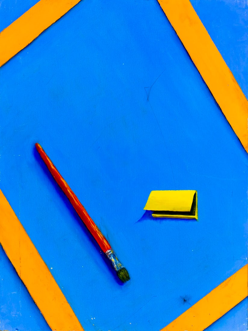 G Chalef (US,20C) oil painting: ARTIST: G Chalef (American, 20 century) TITLE: Still Life with Brush MEDIUM: oil on board CONDITION: Some scratches/paint losses mostly along edges. No visible inpaint under