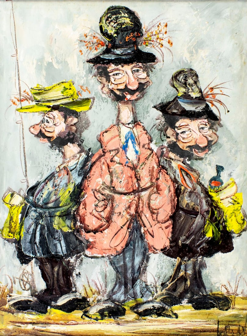 Lorian (Europe,20C) oil painting: ARTIST: Lorian (European, 20 century) TITLE: Three Fishermen MEDIUM: oil on canvas CONDITION: Missing a few flakes of paint. Minor craquelure. No visible inpaint under UV li