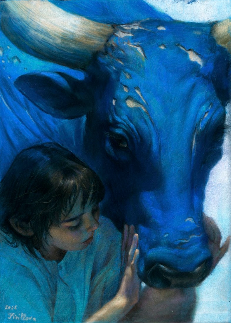Julia Kirillova (Ukraine,b 1991) pastel painting: ARTIST: Julia Kirillova (Ukrainian, born 1991) TITLE: Girl with Cow MEDIUM: pastel on heavy paper CONDITION: Few minor scratches/paint losses along edges. ART SIZ