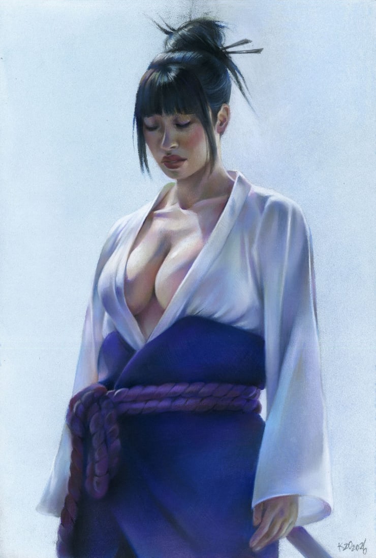 Olga Kuznezova (Ukraine,b 2000) pastel painting: ARTIST: Olga Kuznezova (Ukraine, born 2000) TITLE: Japanese Woman in Kimono MEDIUM: pastel on heavy paper CONDITION: Very good. ART SIZE: 12 x 8 inches /