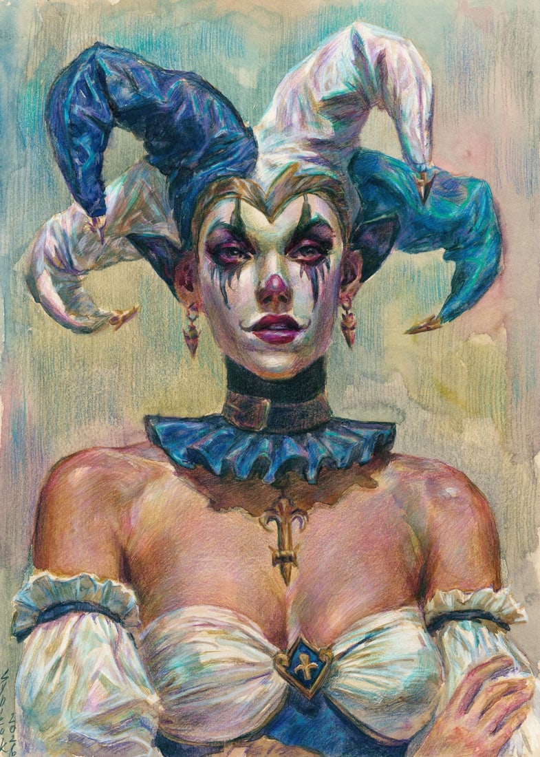 Tatiana Synieok (Ukraine,20/21C) mixed media painting: ARTIST: Tatiana Synieok (Ukrainian, 20/21 centuries) TITLE: Portrait of Harlequin Woman MEDIUM: mixed media on heavy paper CONDITION: Very good. ART SIZE: