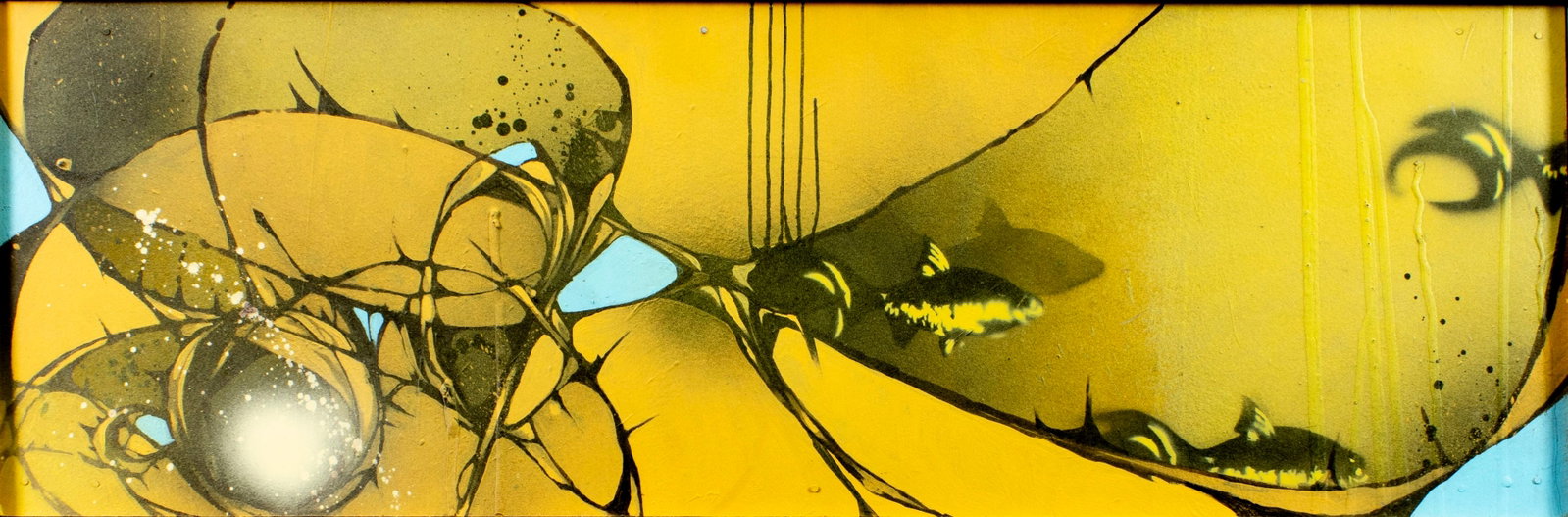 Vintage 20/21C American acrylic painting: ARTIST: - (American, 20/21 centuries) TITLE: Abstract Composition with Fish MEDIUM: acrylic on board CONDITION: Few small paint losses. No visible inpaint under UV light. We