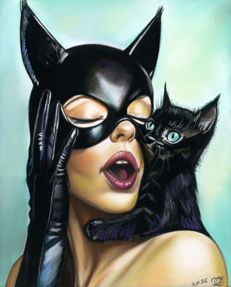Genadiy Achkasov (Ukraine,b 1965) pastel painting: ARTIST: Genadiy Achkasov (Ukrainian, born 1965) TITLE: Catwoman with Black Cat MEDIUM: pastel on heavy paper CONDITION: Few minor scratches/paint losses by the edges.