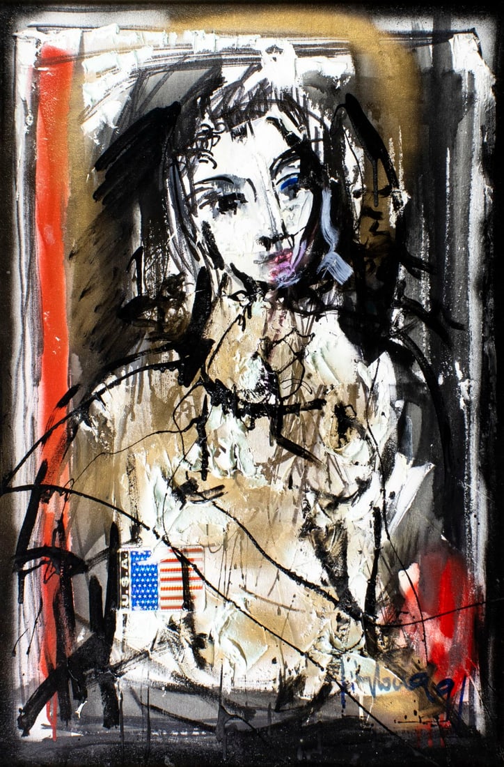 Jimmy Locca (Swiss,US,1940-2007) oil painting: ARTIST: Jimmy Locca (Switzerland, American, 1940 - 2007) TITLE: La Belle Americaine (titled on verso) YEAR: 1991 MEDIUM: oil on canvas CONDITION: One s