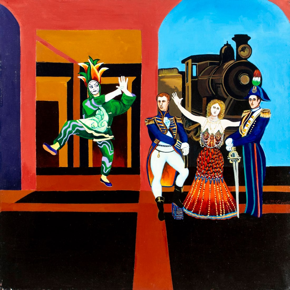 Christine McGinnis (PA,1937-2019) oil painting: ARTIST: Christine McGinnis (Pennsylvania, 1937 - 2019) TITLE: Surreal Scene with Jester MEDIUM: oil on canvas CONDITION: Few minor scratches. No visible inpaint under UV l