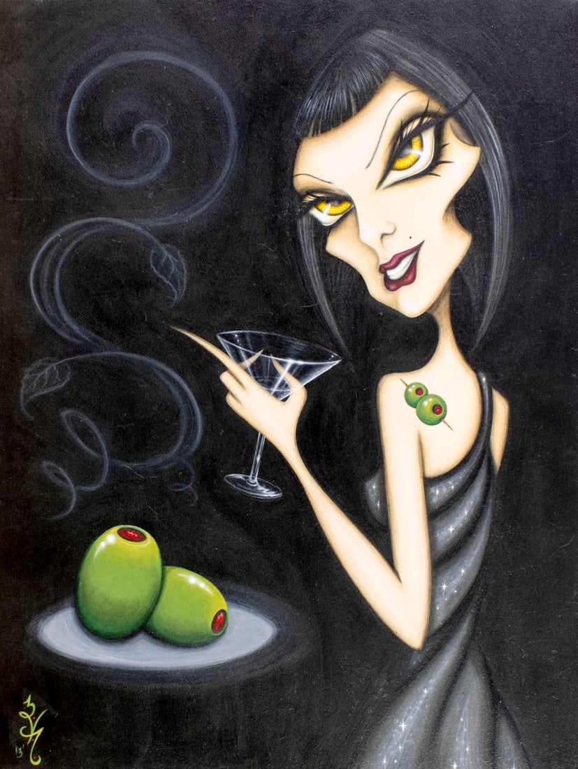 Natalie VonRaven (Canada,20/21C) acrylic painting: ARTIST: Natalie VonRaven (Canadian, 20/21 centuries) TITLE: Woman with Glass YEAR: 2013 MEDIUM: acrylic on board CONDITION: Minor damage to the lower edg