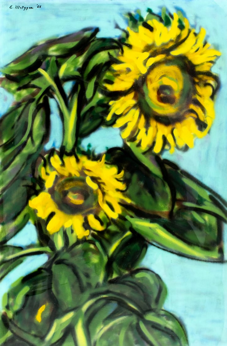 Evelyn Metzger (NY,Brazil,1911-2007) oil painting: ARTIST: Evelyn Borchard Metzger (New York, Brazilian, 1911 - 2007) TITLE: Still Life with Sunflowers YEAR: 1966 MEDIUM: oil on board CONDITION: Some dama