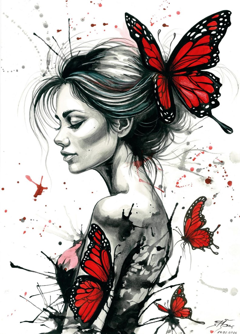 Maria Yarkina (Ukraine,b 1983) watercolor painting: ARTIST: Maria Yarkina (Ukraine, born 1983) TITLE: Woman with Butterflies MEDIUM: watercolor on heavy paper CONDITION: Very good. ART SIZE: 17 x 12 inches