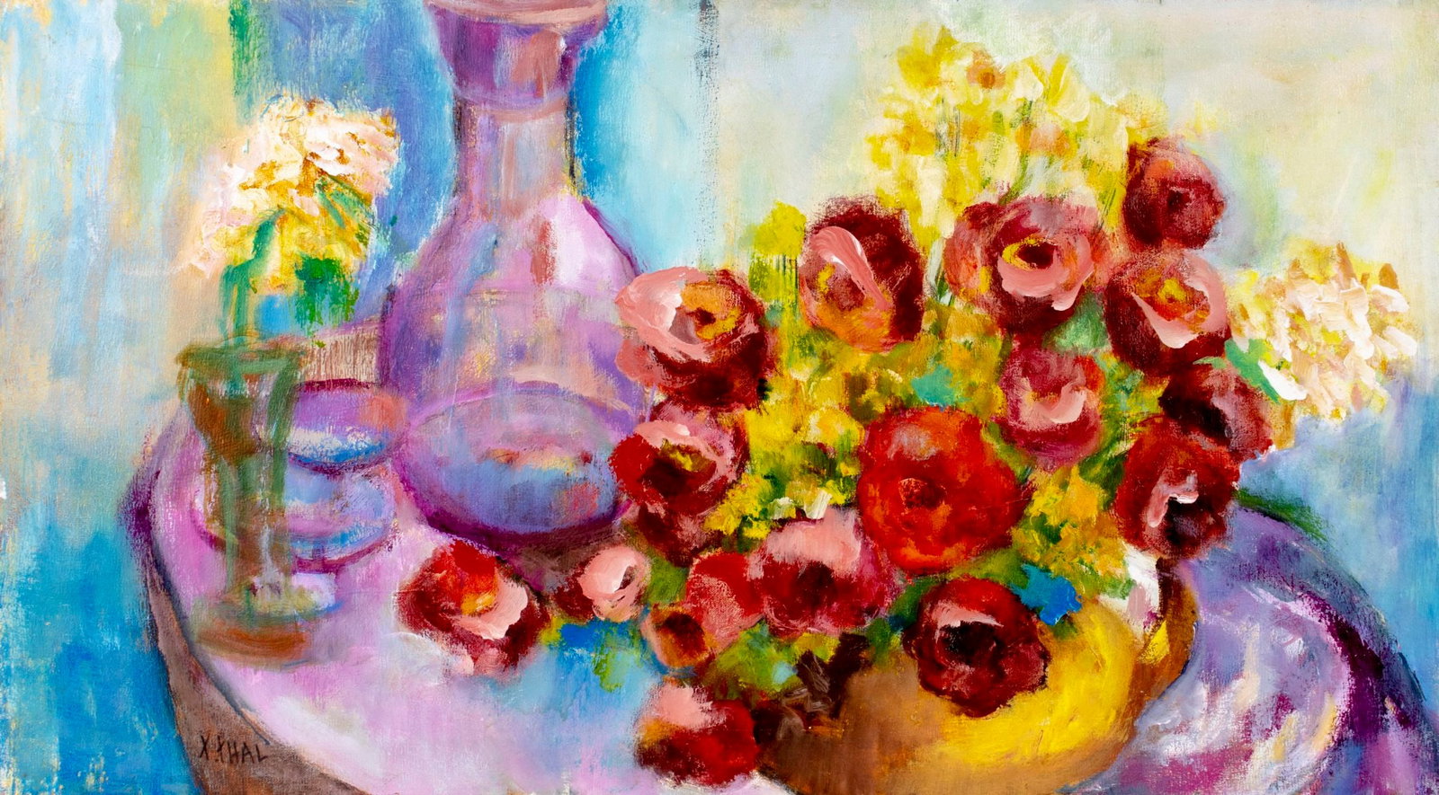 Thelma Thal (NY,1903-2001) oil painting: ARTIST: Thelma Thal (New York, 1903 - 2001) TITLE: Still Life with Vases of Flowers MEDIUM: oil on canvas CONDITION: Few very minor paint losses. No visible inpaint under