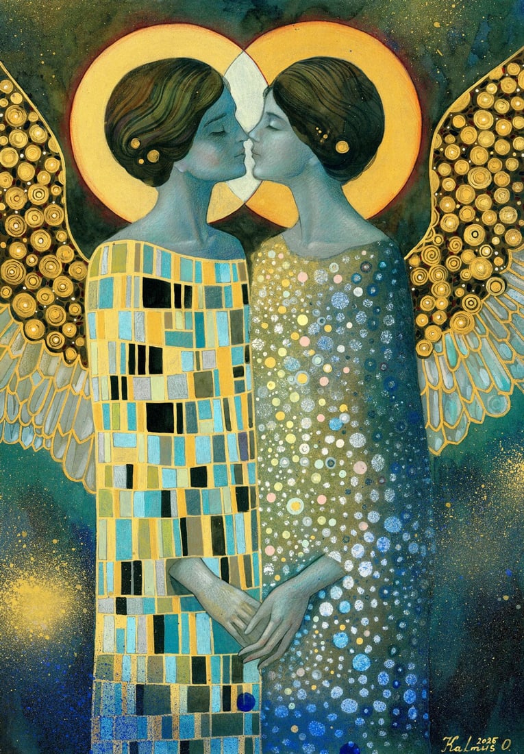 Olena Kalmus (Ukraine,b 1996) mixed media painting: ARTIST: Olena Kalmus (Ukraine, born 1996) TITLE: Two Angels Kissing MEDIUM: mixed media on heavy paper CONDITION: Very good. ART SIZE: 13 x 9 inches / 33