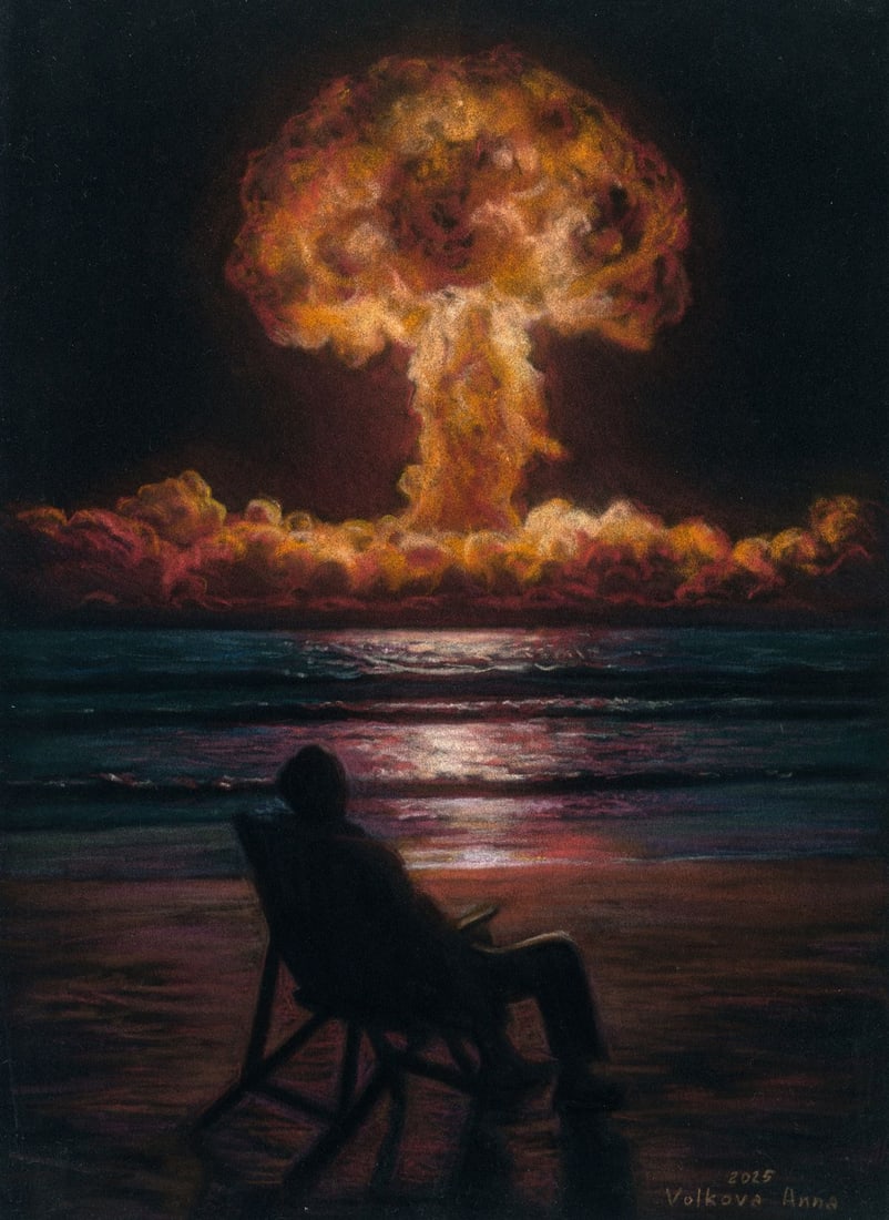 Anna Volkova (Ukraine,20/21C) pastel painting: ARTIST: Anna Volkova (Ukrainian, 20/21 centuries) TITLE: Night Seascape with Explosure MEDIUM: pastel on heavy paper CONDITION: Very good. ART SIZE: 12 x